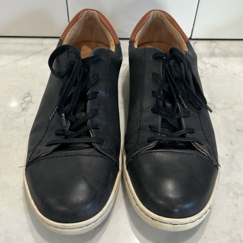 Born men’s sz 12 black leather sneakers. Dark brown leather accents. Rubber sole